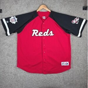 Majestic Cincinnati‎ Reds MLB Baseball Jersey Mens Red Black Button Up Size XXL